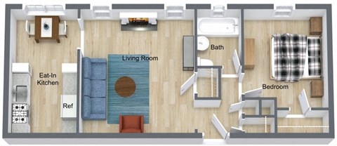 Floor plan for 1 bed, 1 bath, 623 sqft